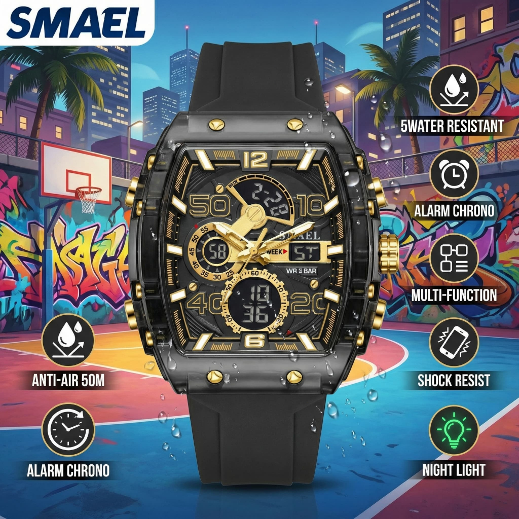 BESTPROMO SMAEL 8109 Jam Tangan Elektronik Olahraga untuk Pria, Multifungsi, Tahan Air, dan