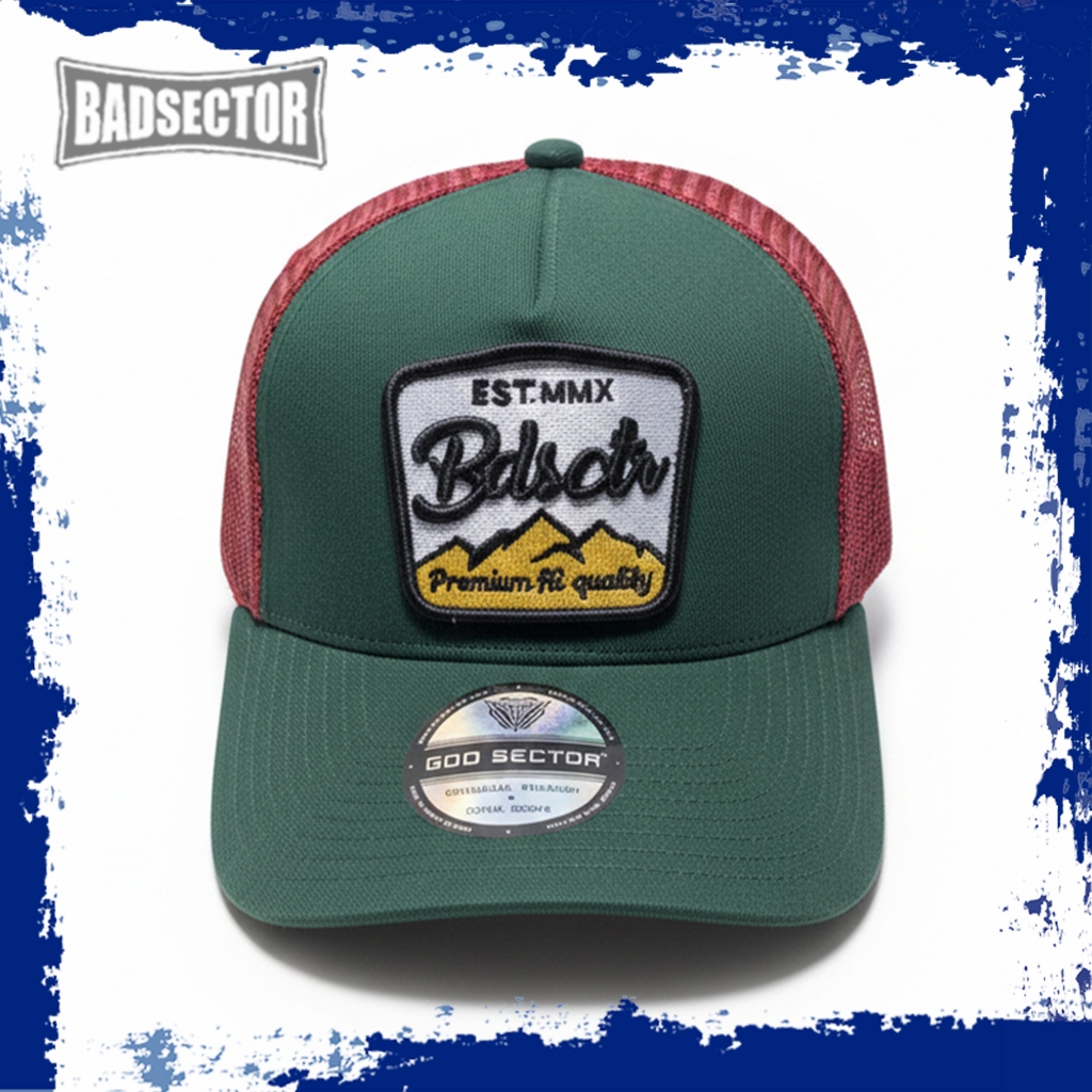 Topi Jaring Pria Badsector Original - Trucker Hat Hijau Maroon Premium Quality BDSCTR