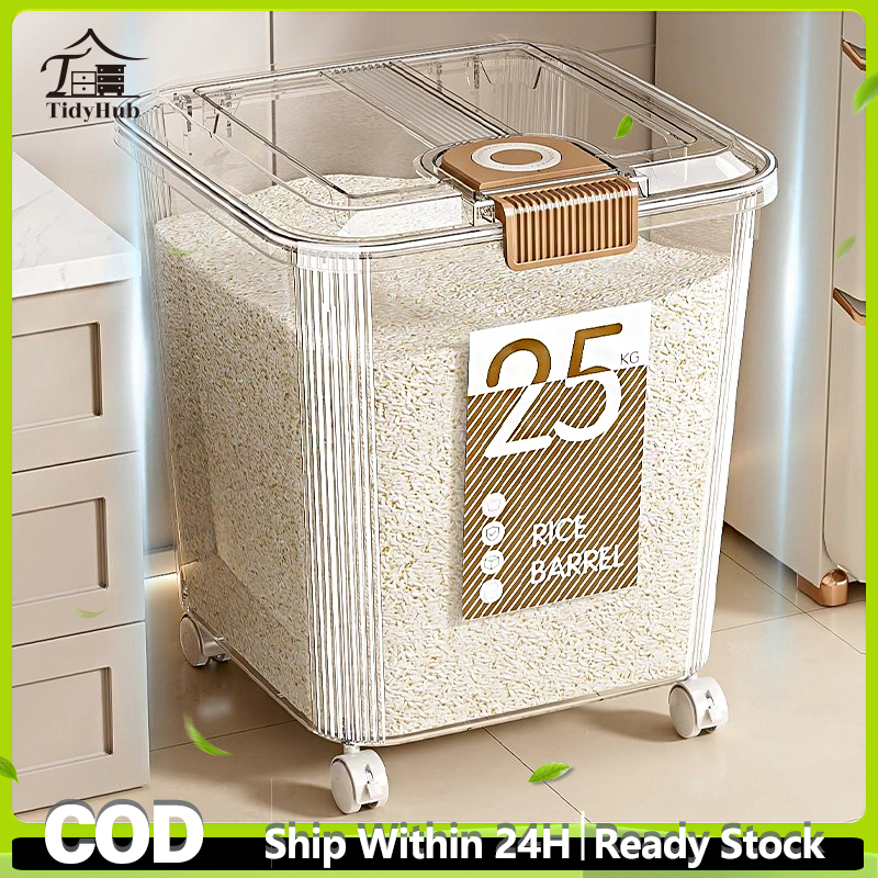 Salvo 15/25KG Tempat Beras dengan Roda Dispenser Beras Otomatis Plastik Transparan Ekstra Besar