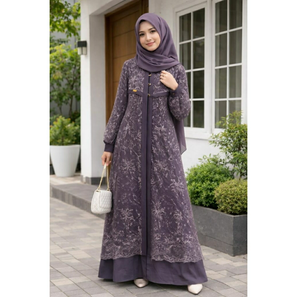 Gamis Brukat kondangan model simpel elegan