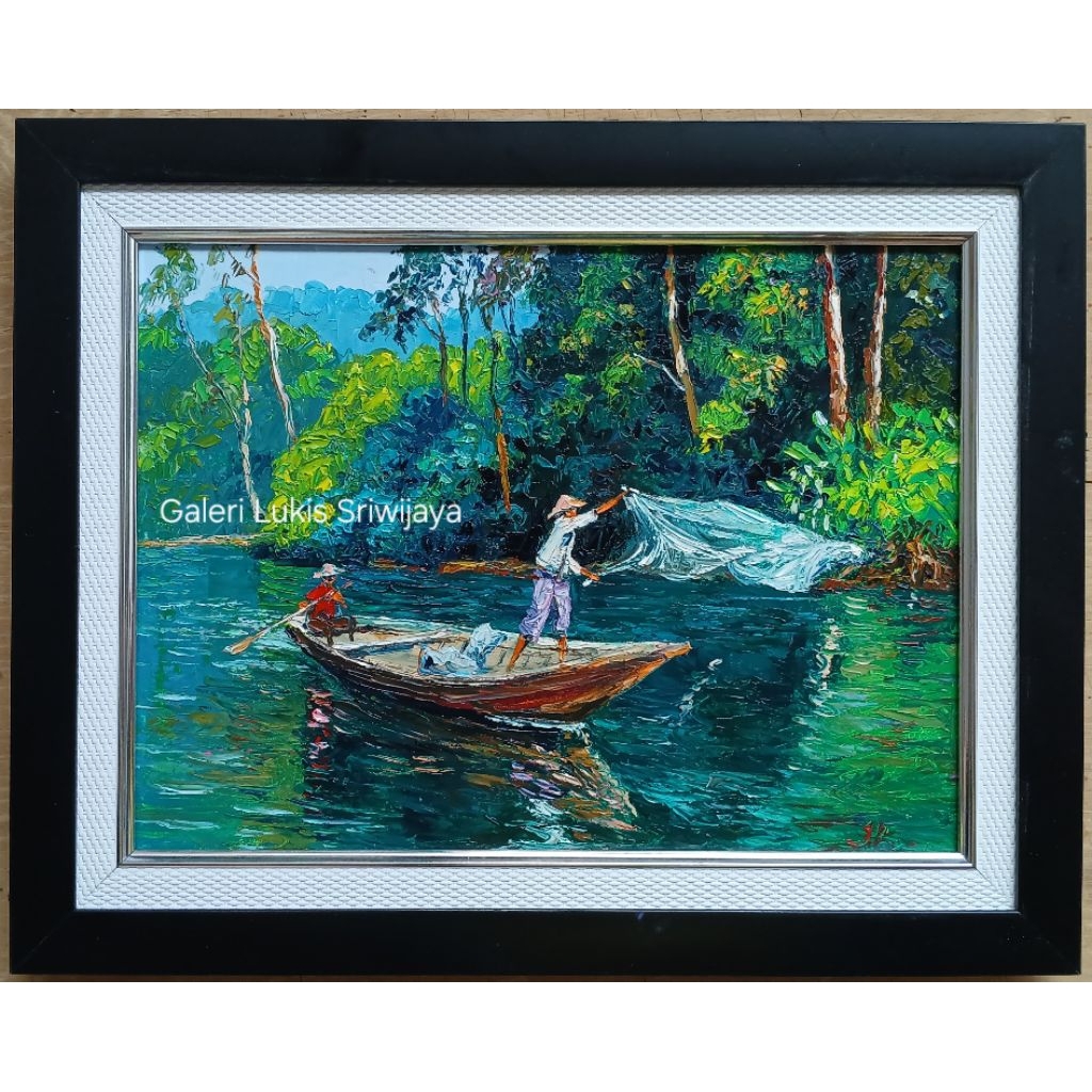 Lukisan minimalis aesthetik, lukisan pemandangan, Lukisan menjala ikan, Lukisan nelayan,Lukisan pema