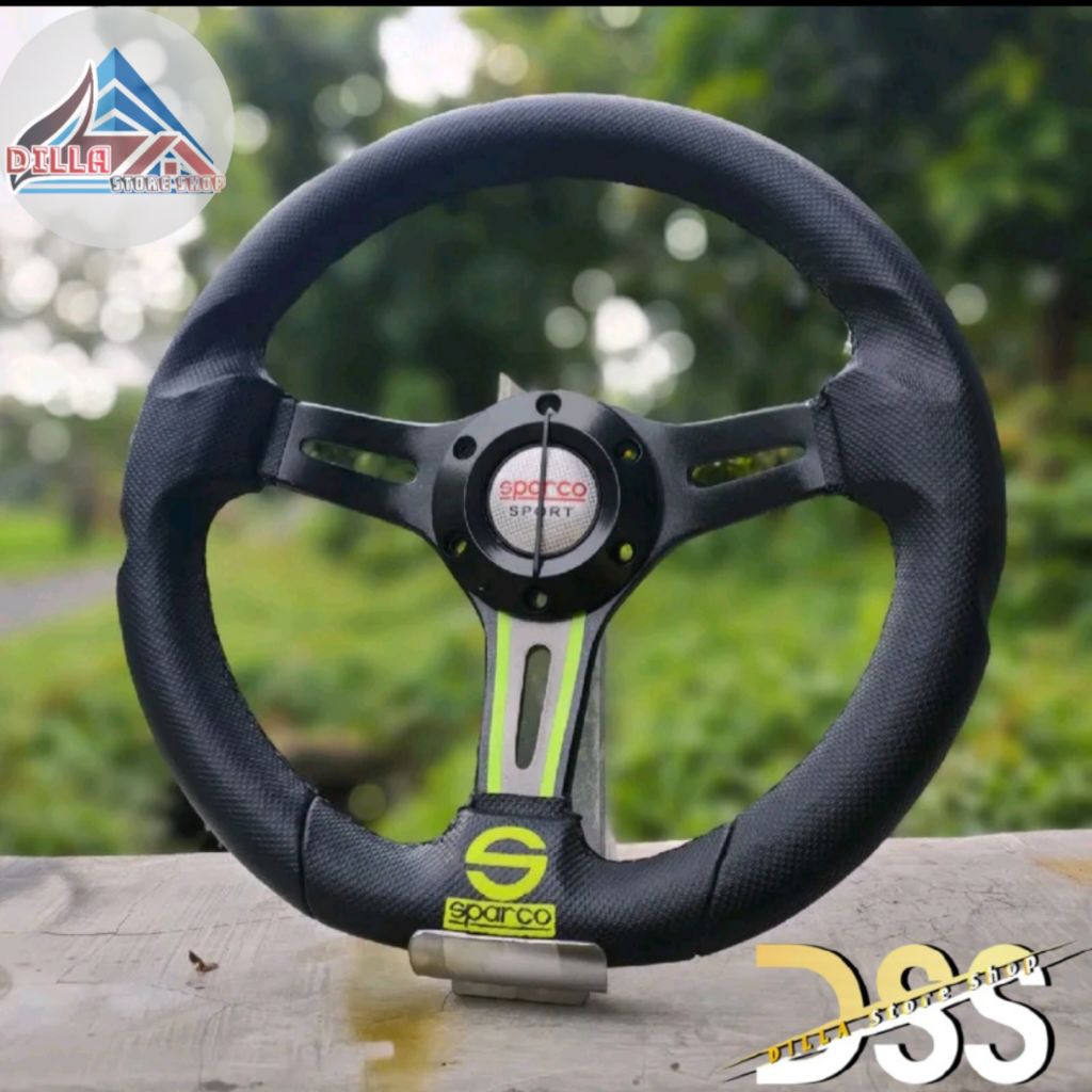 Setir Mobil Racing Sparco Terbaru Kombinasi Hitam List Hijau Ring 12 Inch