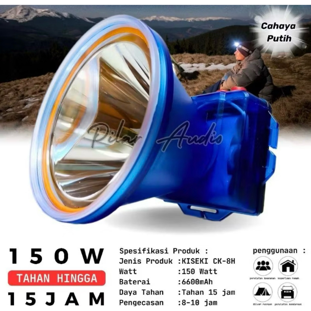 Senter Kepala Premium Kiseki CK-8H Original 150watt 6600mAH 15 jam durability