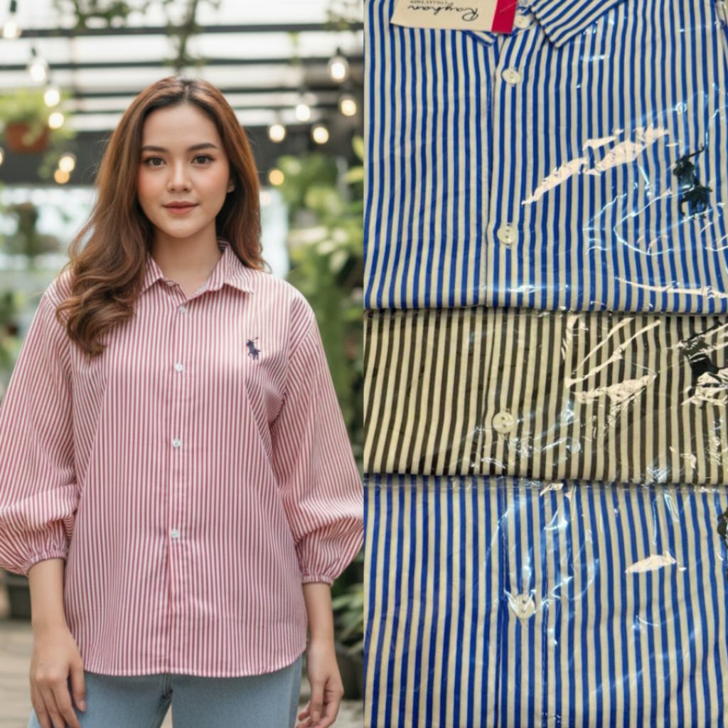[TERBARU] Kemeja Stripe Wanita Blouse Garis Lengan Balon Kerut