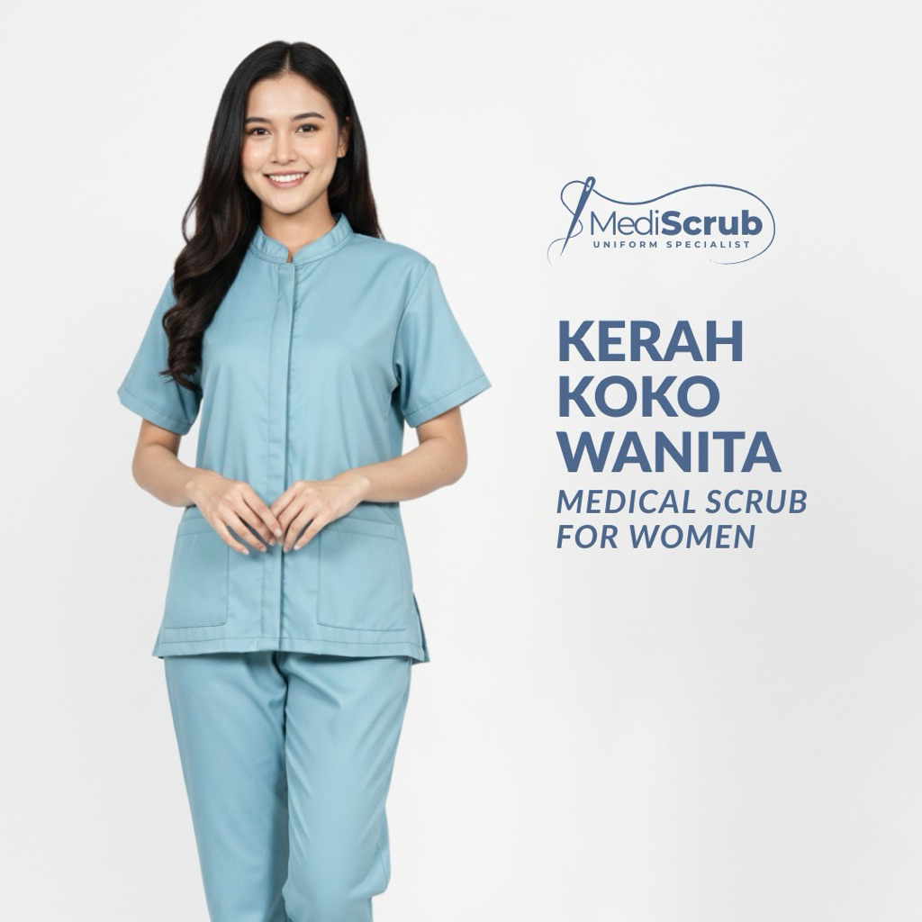 MEDISCRUB - Baju Jaga Dokter Perawat Wanita Kerah Koko l Shanghai l Baju Kerja Wanita Seragam Rumah 