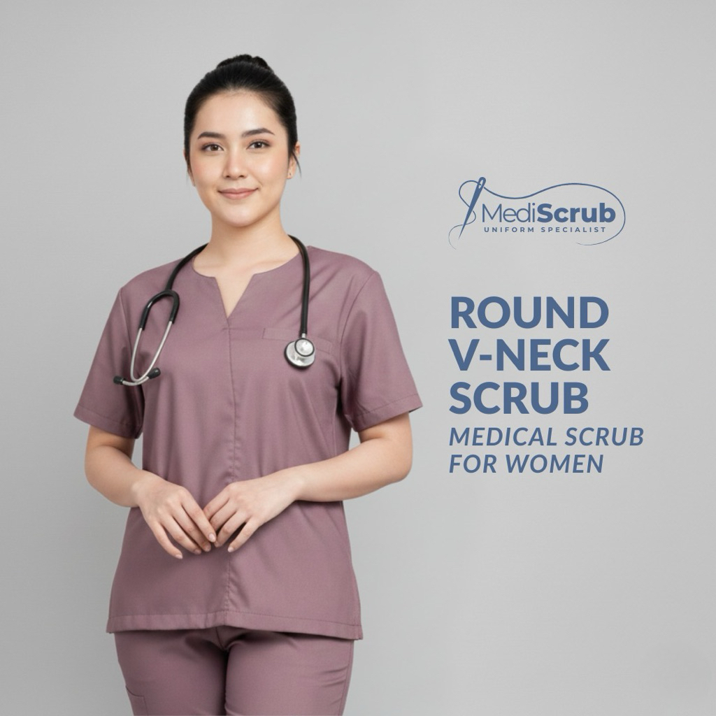 Baju Jaga Scrub Medis Dokter Perawat ROUND V NECK SCRUB KANCING ATAS - Dokter Perawat Mediscrub