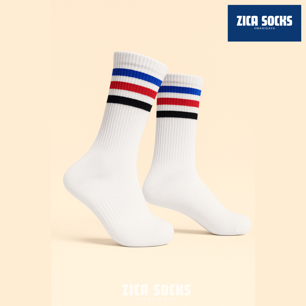 ZICASOCKS - Kaos Kaki Sport Putih Stripe Merah Biru