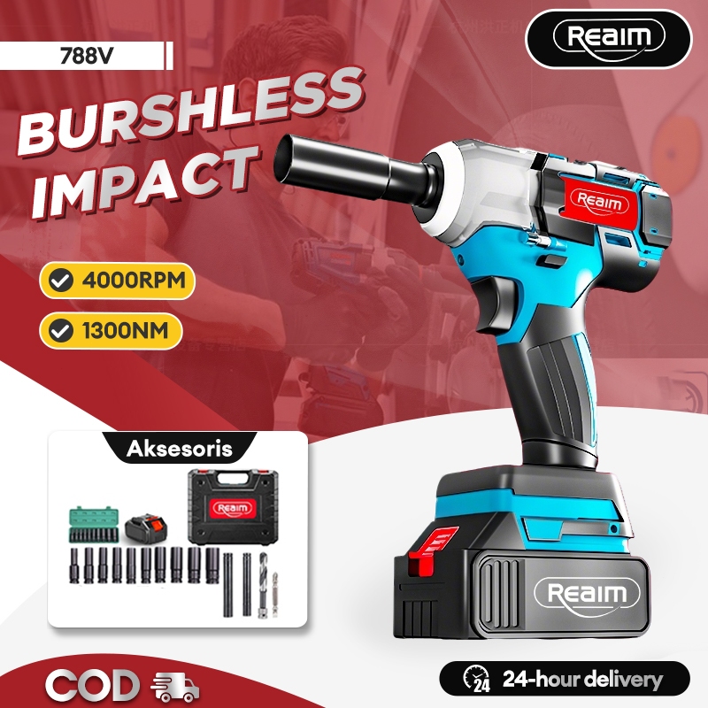 Reaim Impact Wrench Brushless Mesin Bor Baterai Bor Impact Baterai Cordless Electric Rrench
