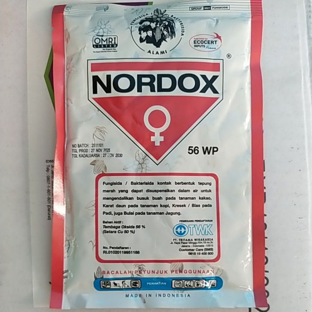 Nordox 56 WP 100 gram, Fungisida/Bakterisida kontak bahan aktif Tembaga Oksida untuk mengendalikan p