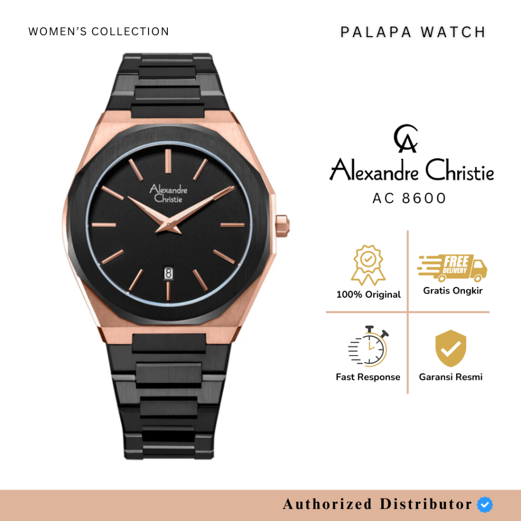 Jam Tangan Wanita Alexandre Christie AC 8600 / AC8600 Rosegold Black Original