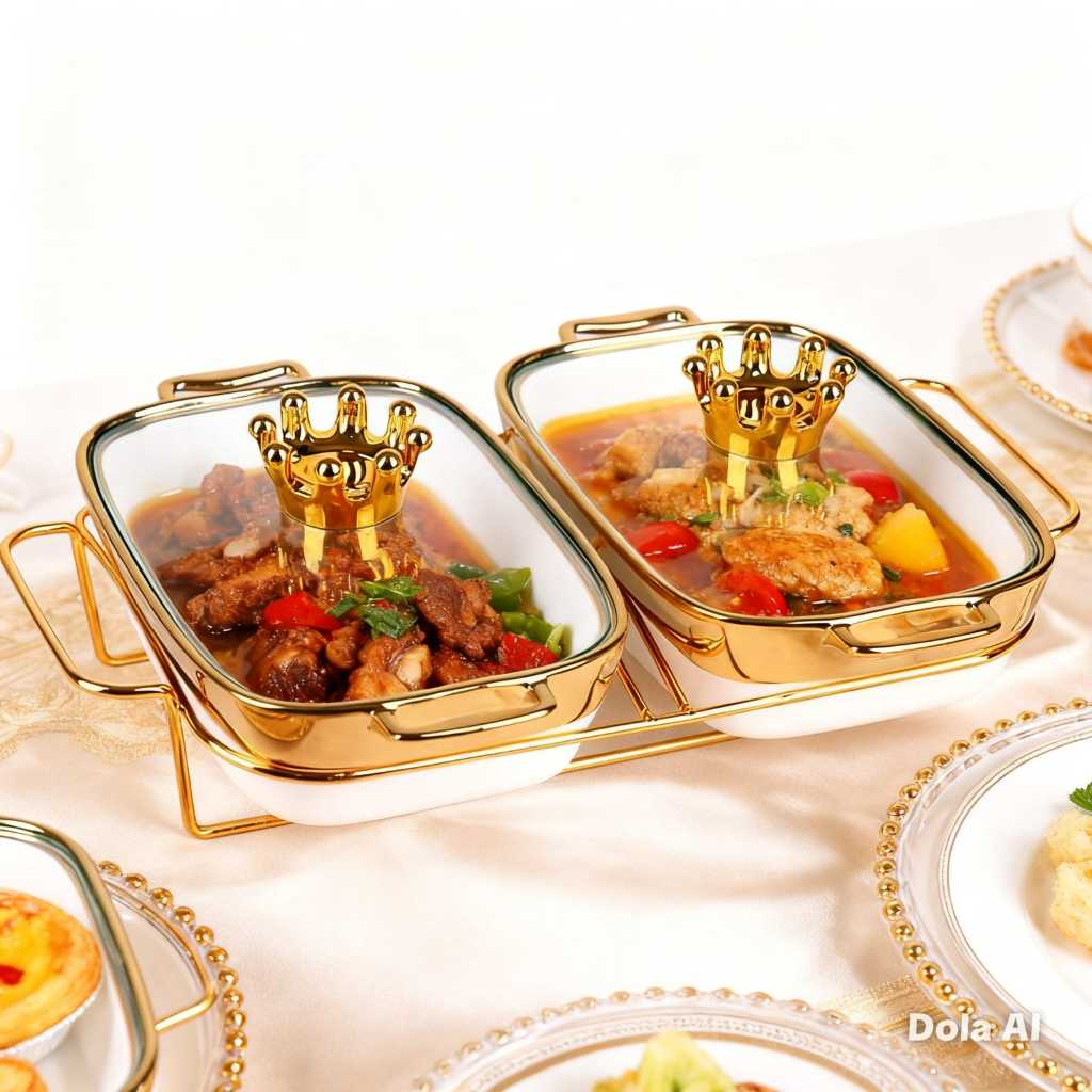 HOMELINE Prasmanan Keramik Basi Mangkok Penghangat Fine Porselen Tutup Kaca Set 2