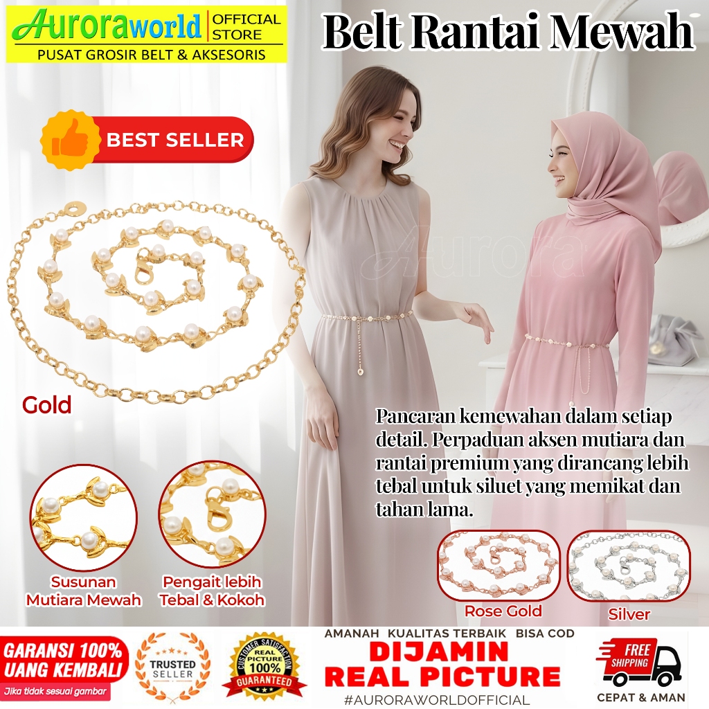 Auroraworld Belt wanita ikat pinggang rantai mutiara gesper sabuk fashion rantai mewah untuk dress g
