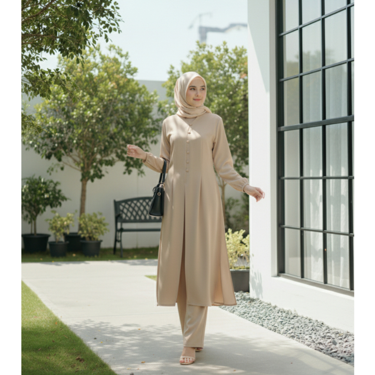 Set Atasan Long Tunik Dress Outer Dan Celana Kulot Basic Crinkle Premium Polos Lengan Panjang