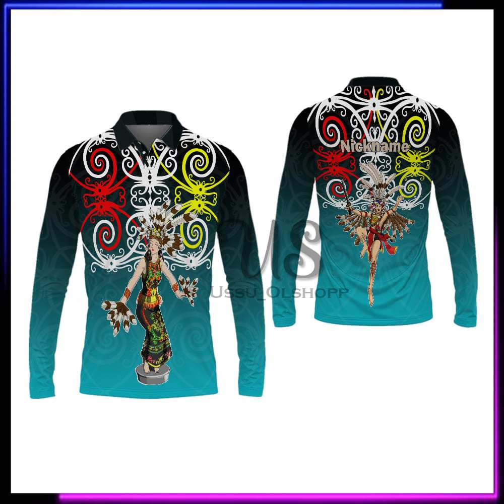Jersey Berkerah Batik Dayak Lengan Panjang - Baju Batik Dayak - Kaos Motif Batik Khas Kalimantan