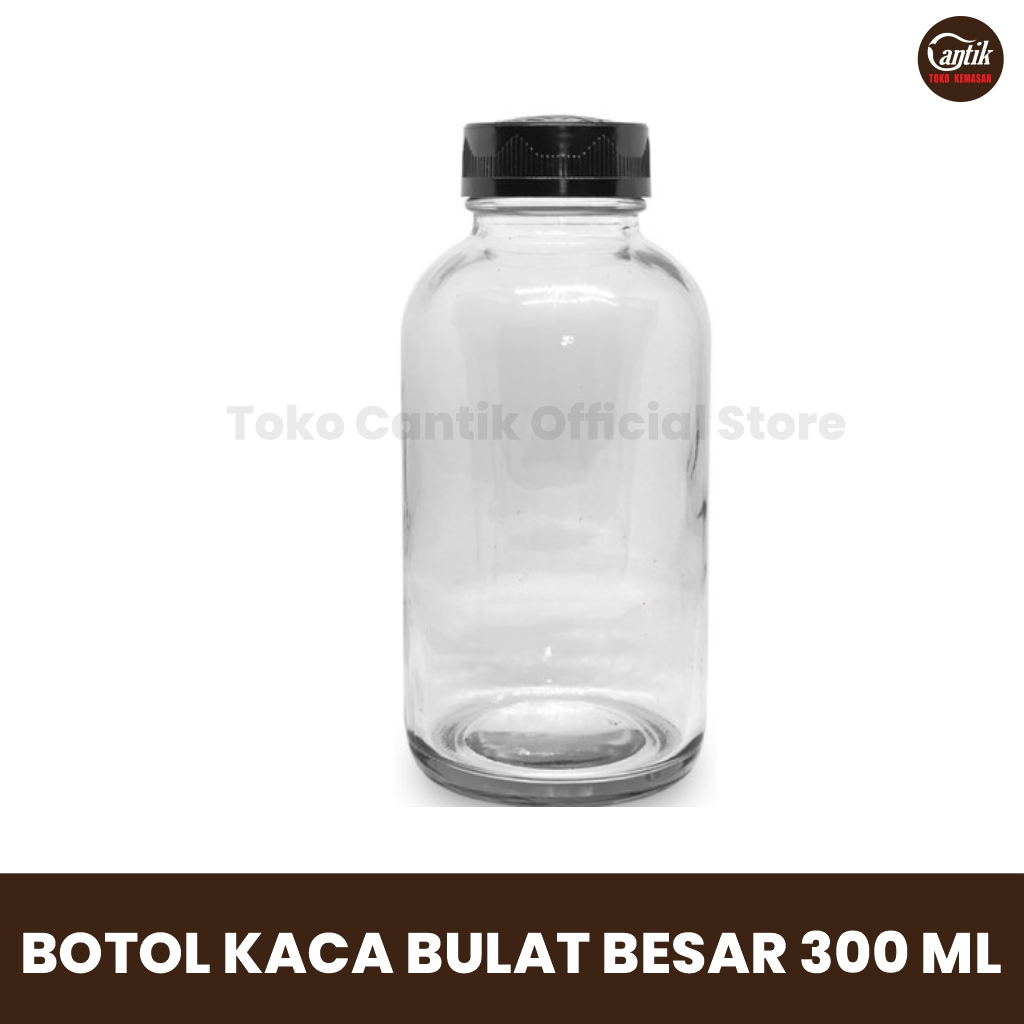 BOTOL JAR TOPLES KACA BULAT BESAR 300 ML + TUTUP BOTOL KACA WARNA HITAM CORAK