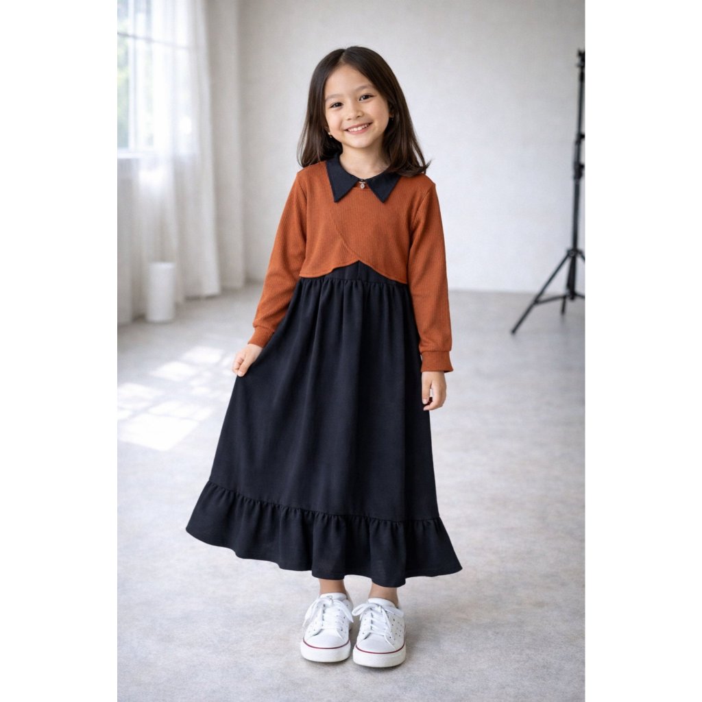 Gamis Dress Anak Moderen Model Crop Rompi Terpisah Bahan Crinkle Knit Rajut untuk Anak Perempuan Umu