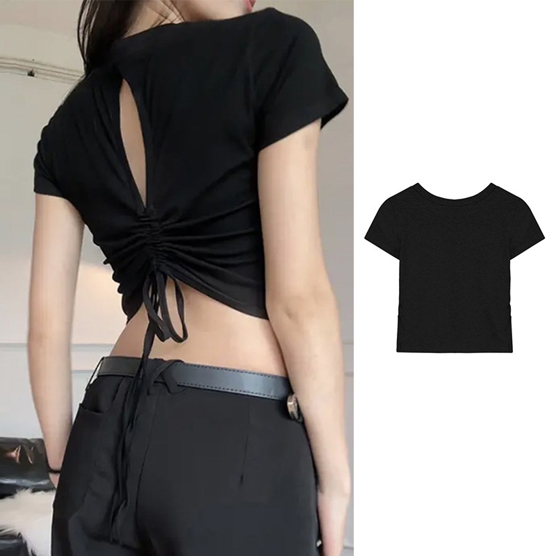 Kaos lengan pendek hitam seksi tanpa punggung dengan tali serut, cocok untuk cewek hot.
