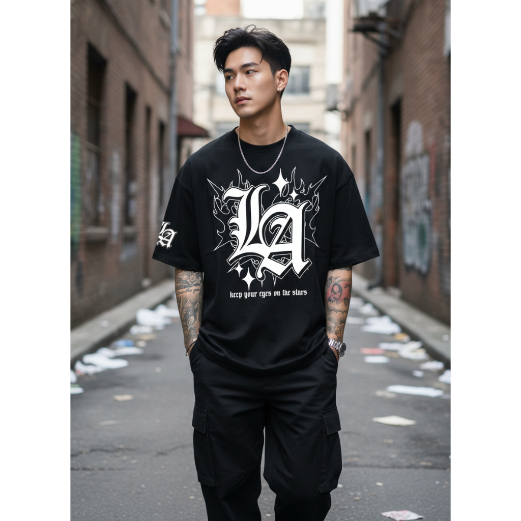 OKELLA Baju Kaos Dewasa kaos pria wanita kain katun combed Tebal motif LA