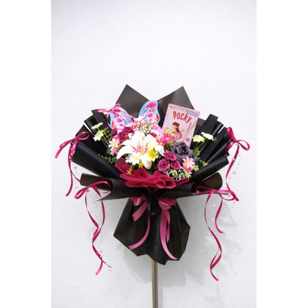 Buket Valentine Snack Coklat SilverQueen Pocky Rose | Buket Bunga Valentine Aesthetic