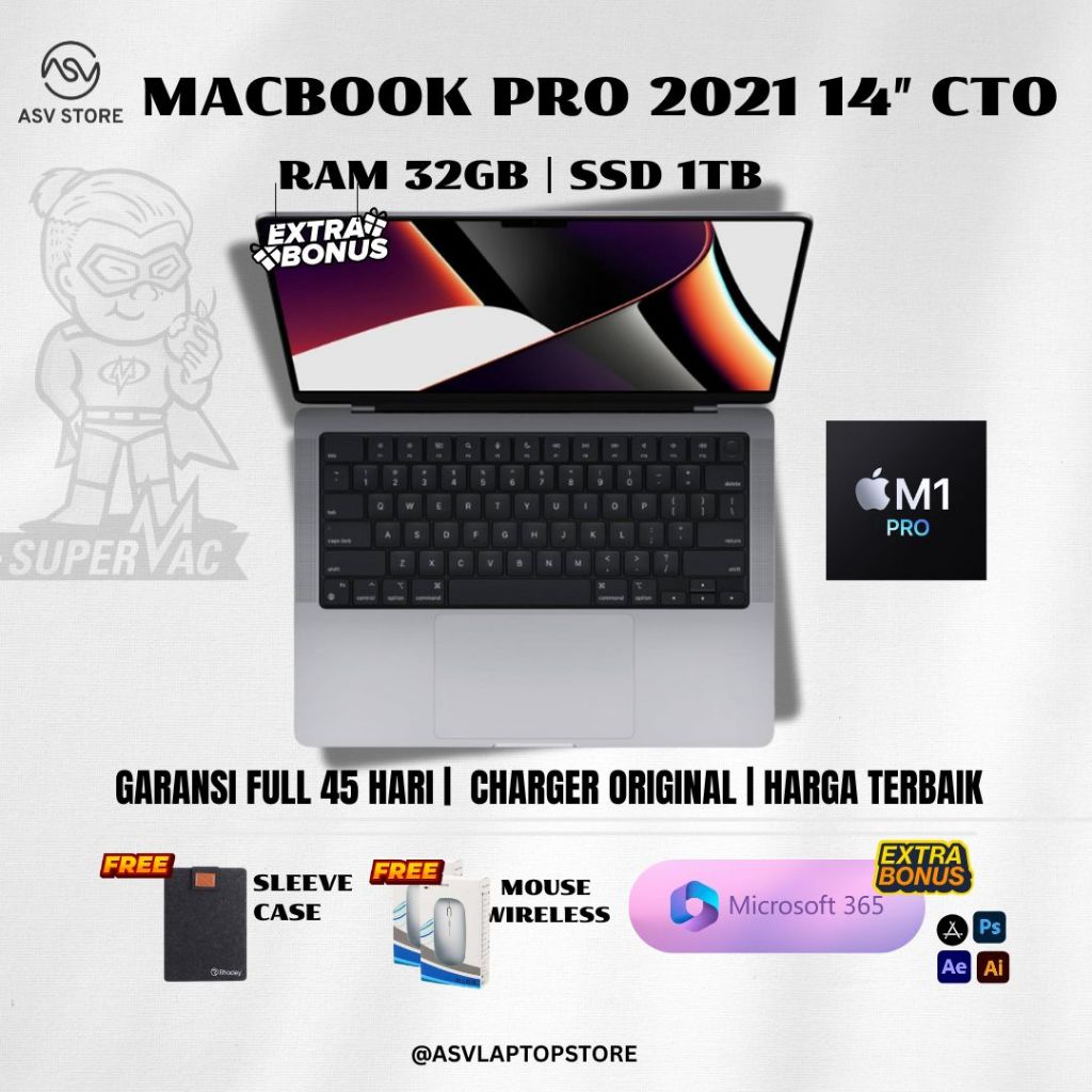 MACBOOK PRO 2021 M1 PRO 10 CORE CPU 14 CORE GPU RAM 32GB SSD 1TB  LAPTOP APPLE ORIGINAL M1 M2 M3