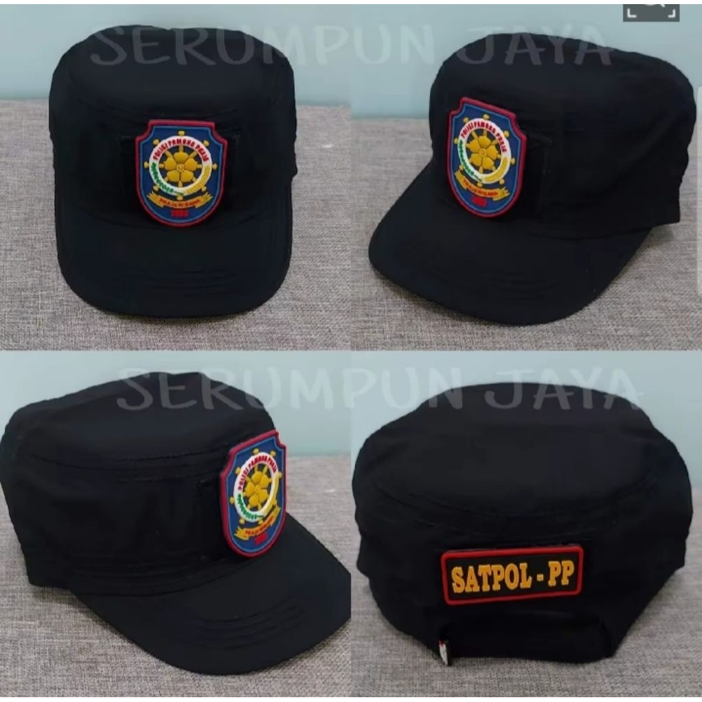 TOPI KOMANDO SATPOL PP HITAM 2 PATCH RUBBER - TOPI KOMANDO HITAM SATPOL PP LOGO BIRU TEMPELAN PEREKA