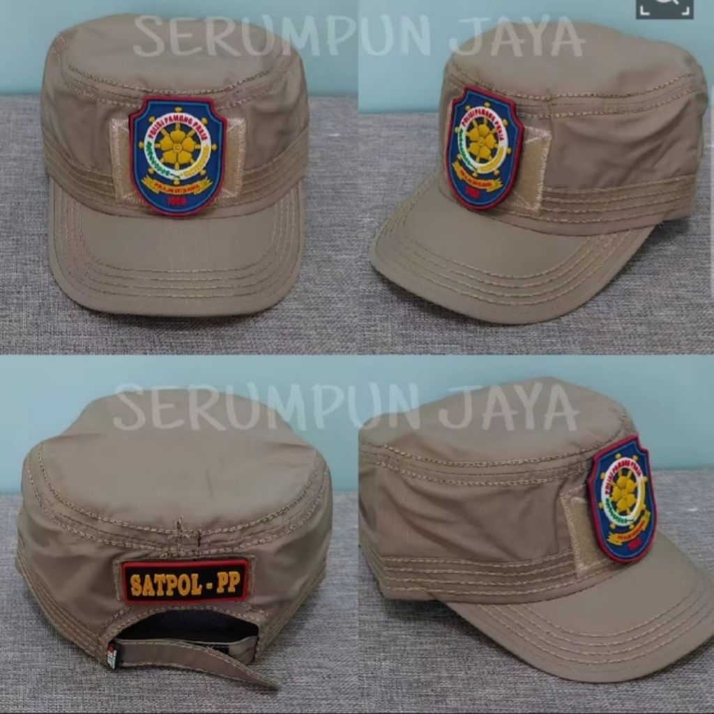 TOPI KOMANDO SATPOL PP KREM LOGO BIRU 2 PATCH RUBBER - TOPI KOMANDO KREM SATPOL PP LOGO BIRU TEMPELA
