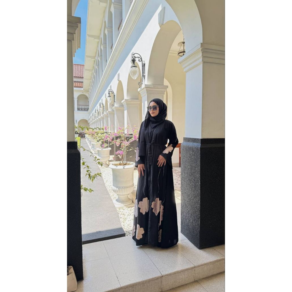 abaya remaja aesthetic hitam mewah elegan motif bunga bludru coksu full kancing outer 2in1 ukuran de