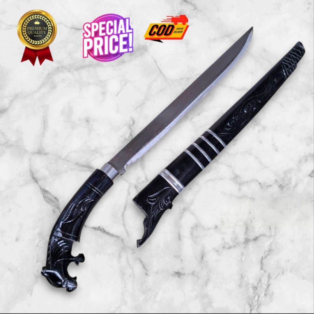 GOLOK MACAN BARLEN SERBAGUNA BAHAN BAJA, SARUNG KAYU UKIR RASAMALA