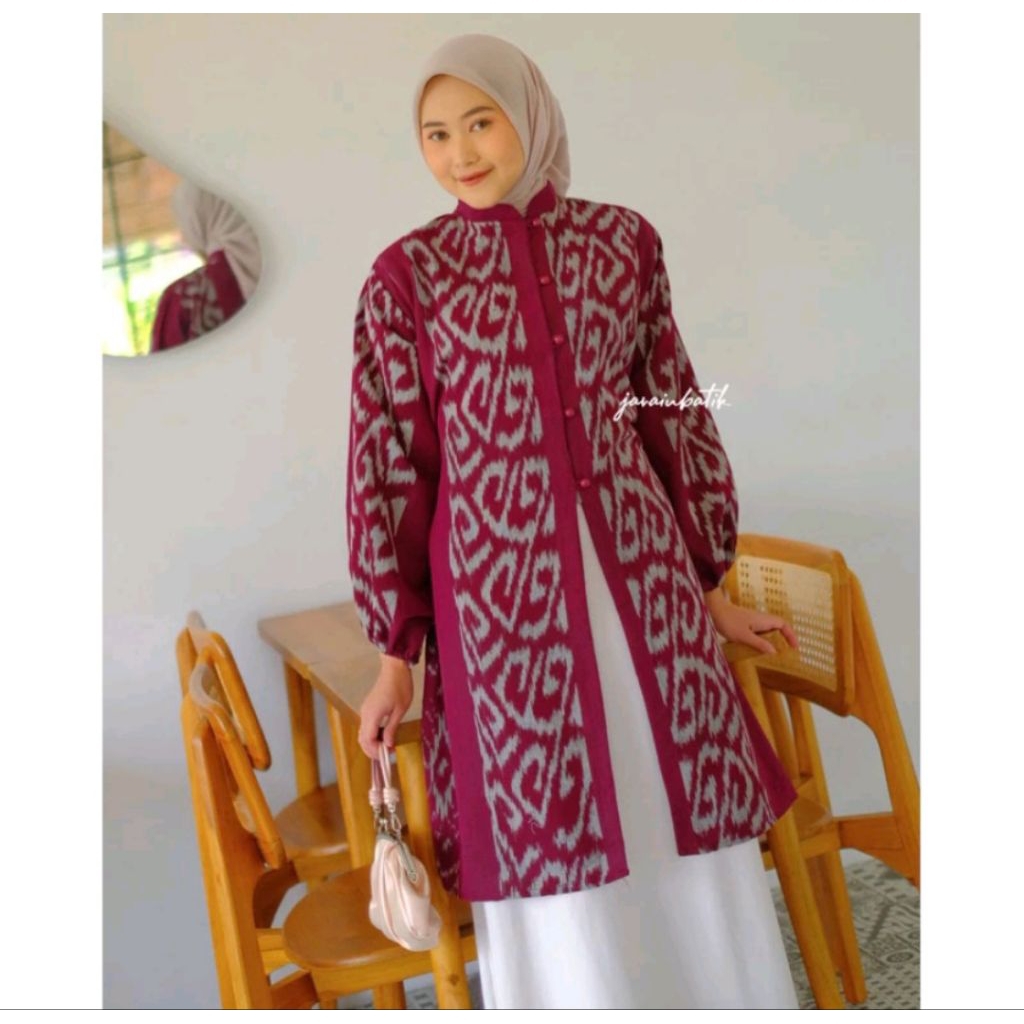 dress tenun wanita lengan panjang -  tunik tenun wanita lengan panjang