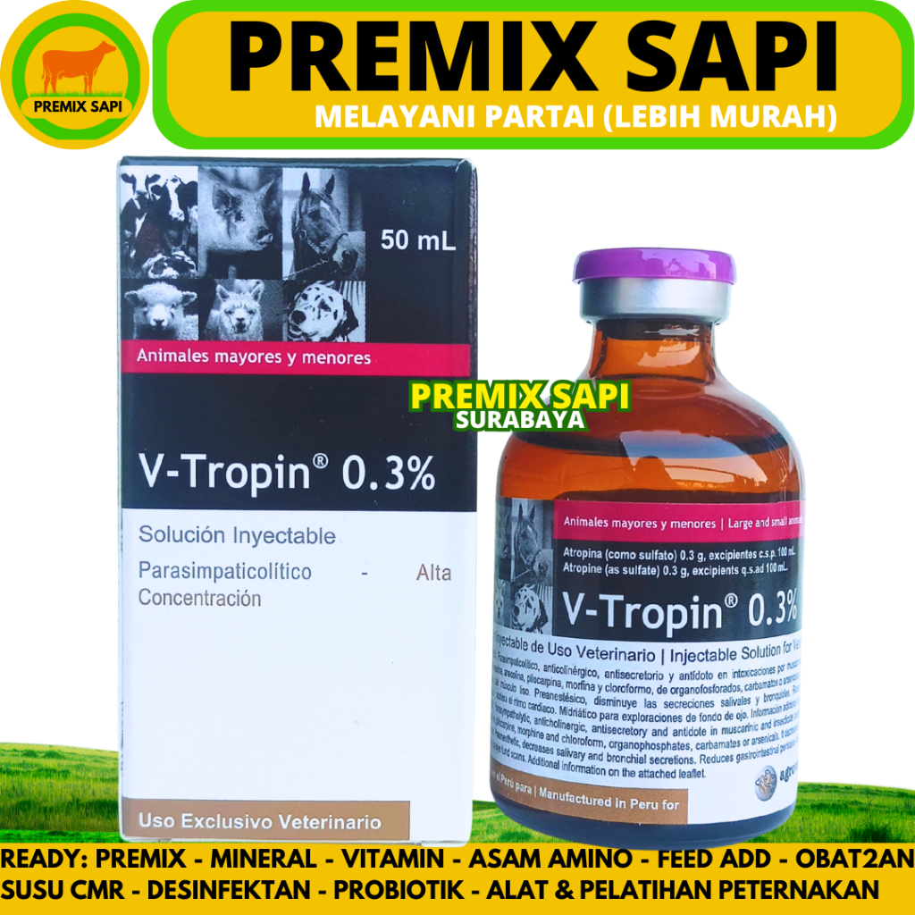 V TROPIN 50ML AGROVET - Obat Hewan Atropin Antidota Ternak Sapi Kuda Kambing Anjing Kucing Vtropin