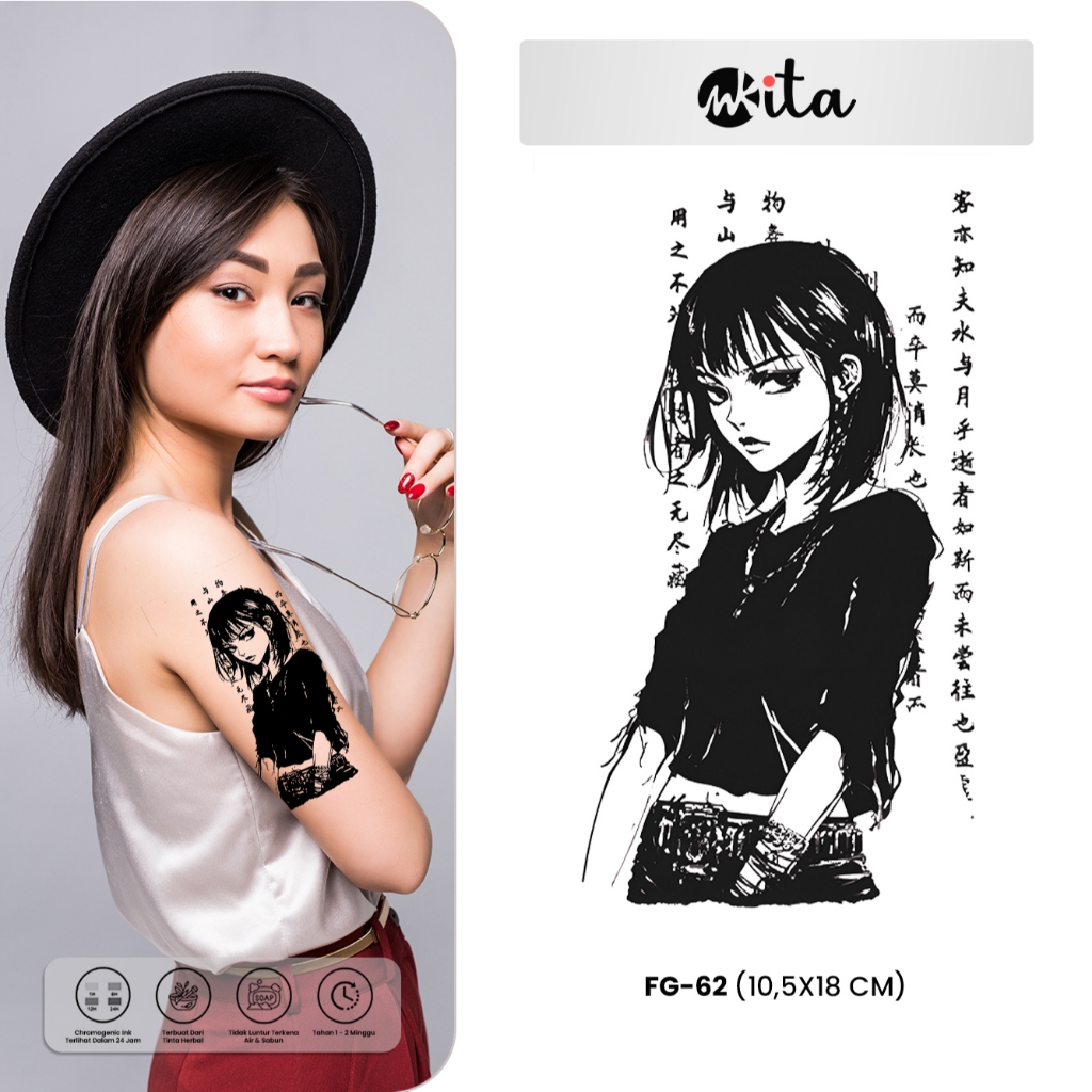 INKITA-Tatto Temporer Karakter Wanita Tulisan Cina Tato Temporary Fruit Ink Wanita Kepang