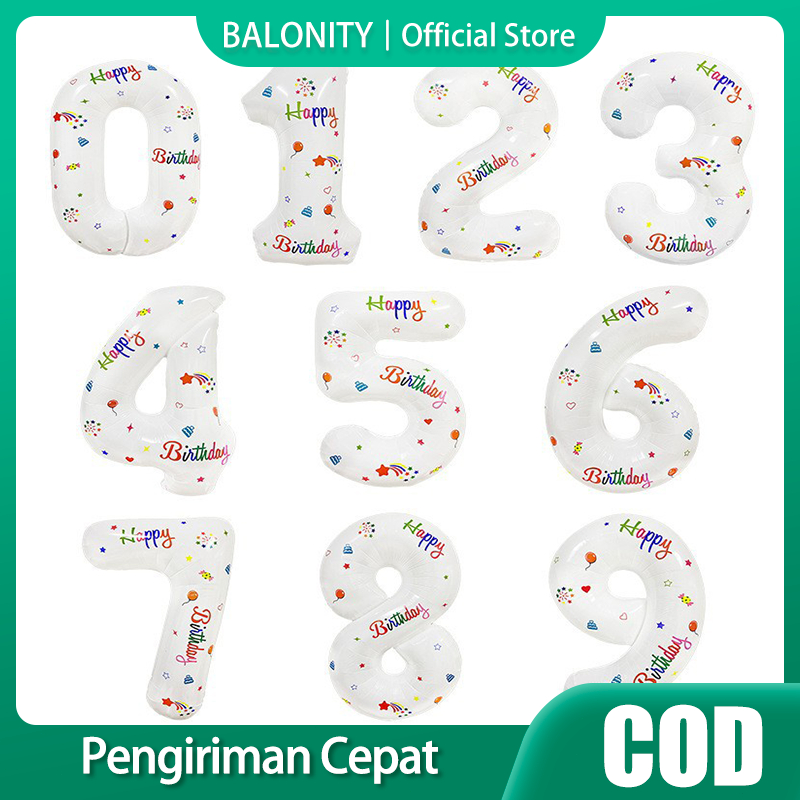 Balon Foil Angka 0-9 Jumbo Balon Angka 32inch Warna Putih HBD Balon Angka untuk Dekorasi Pesta Ulang