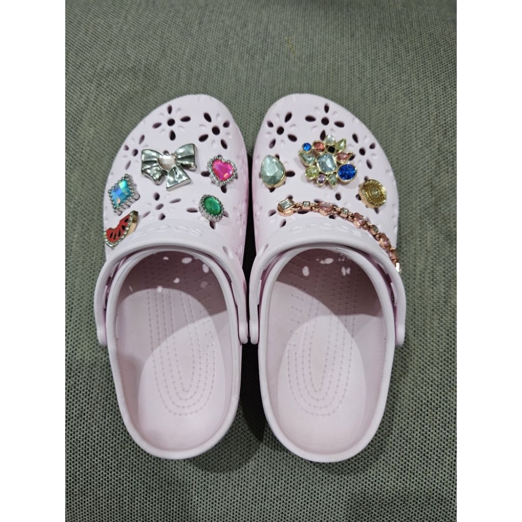 PRELOVED Crocs Original Classic Floral Cut Out Clogs Pink Milk