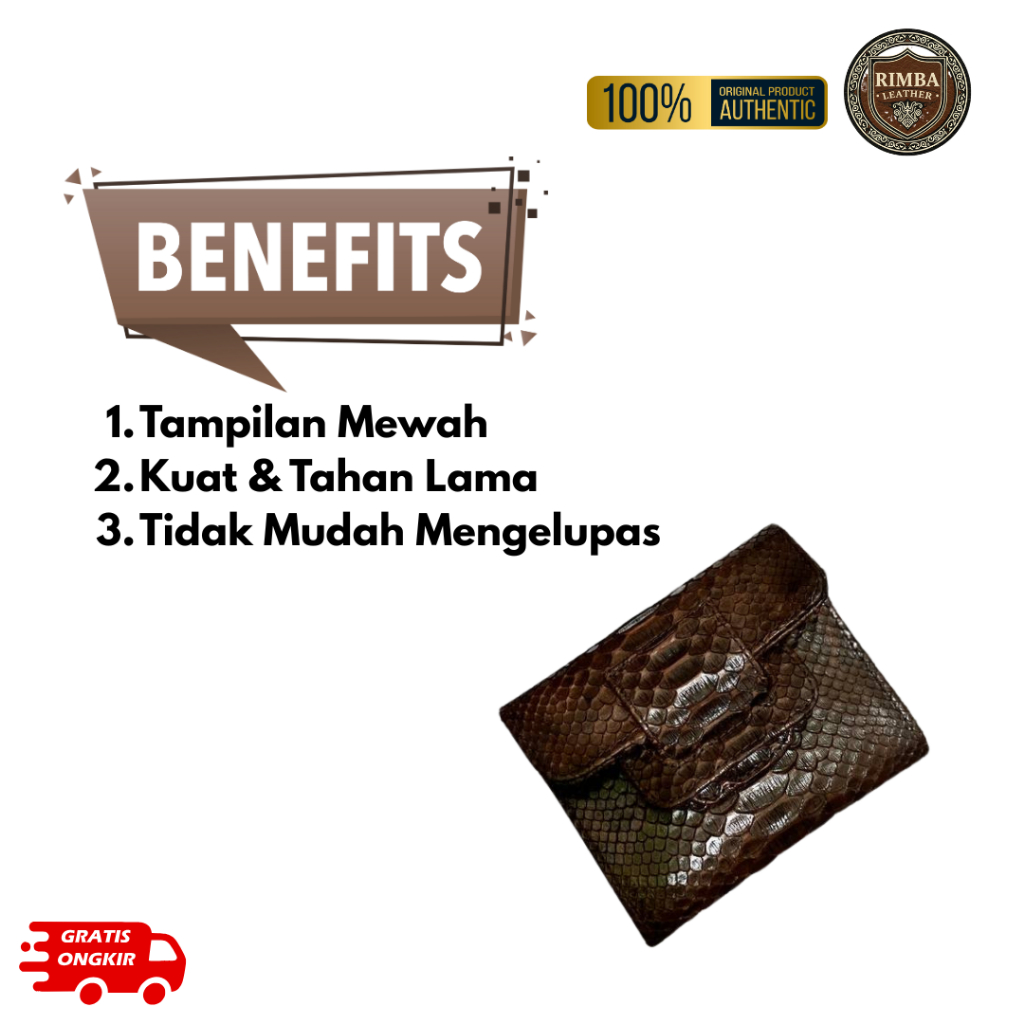 RIMBA Dompet lipat mini wanita dompet perempuan bahan kulit ular asli premium