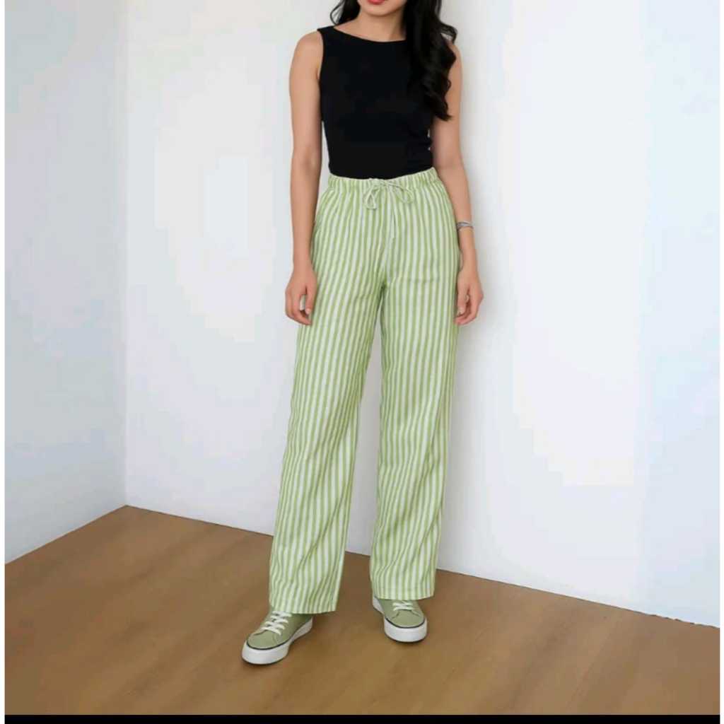 Celana Panjang Wanita Highwaist - Pinggang Karet, Saku Praktis, Pola Garis-garis