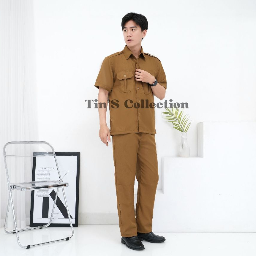 Seragam PNS Pemda Khaki Pria Lengan Pendek Seragam ASN Baju PDH Khaki Baju Guru Khaki Pria
