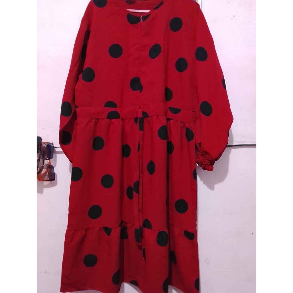 perloved - one set pinggang serut maroon polkadot