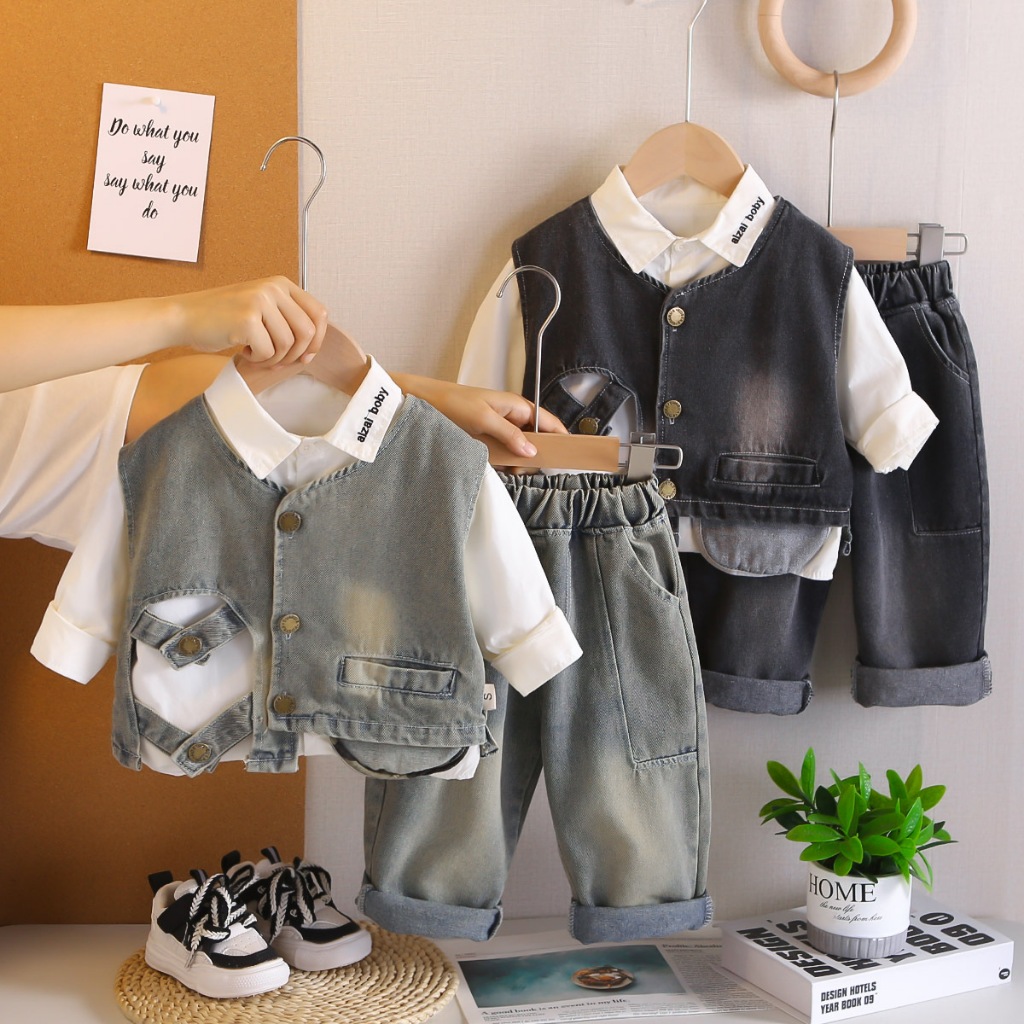 Setelan Anak Cowok 3in1 Gaya Korean Kemeja Denim Vest dan Celana Denim Aspen