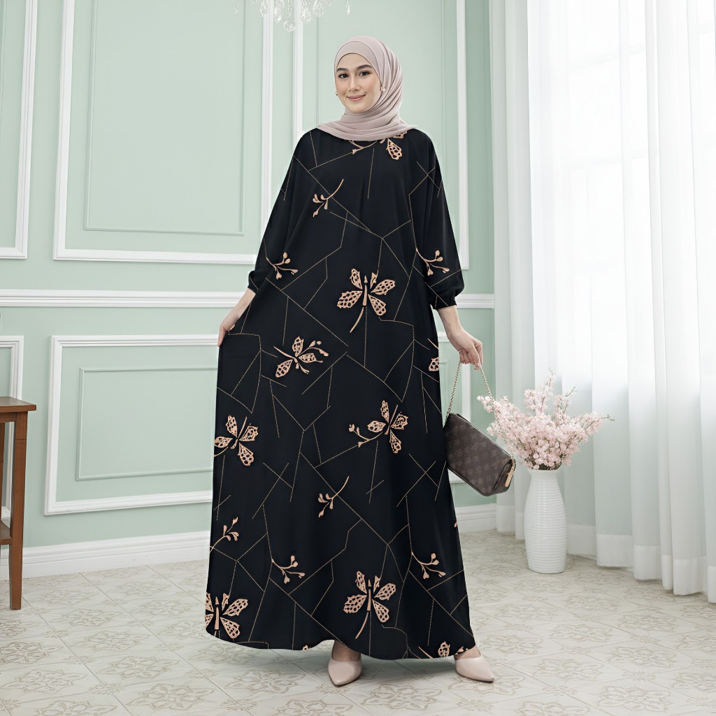 Kaftan Jumbo Busui Rayon Motif Anggun Wanita Gamis Muslimah Elegan Adem Nyaman Dipakai