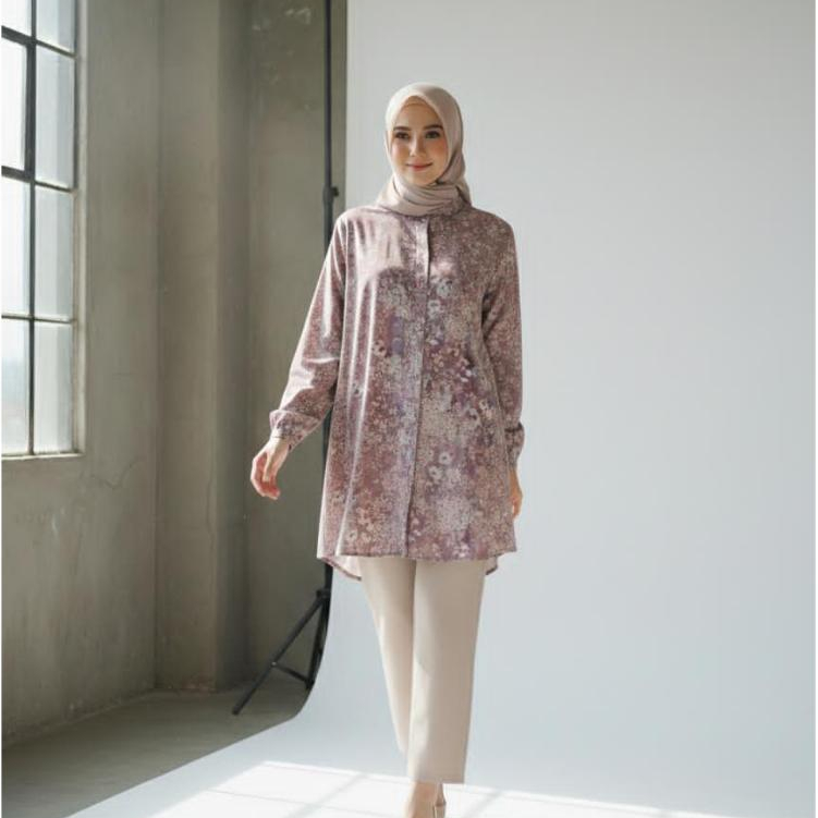 LR Kemeja Wanita Katun Rayon Halus Motif Bunga Kecil