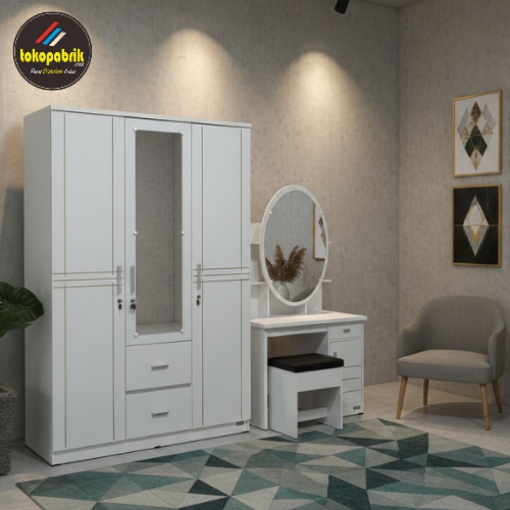 1set lemari baju 3pintu + meja rias lemari baju 3pintu 2laci meja rias sliding paket lemari murah
