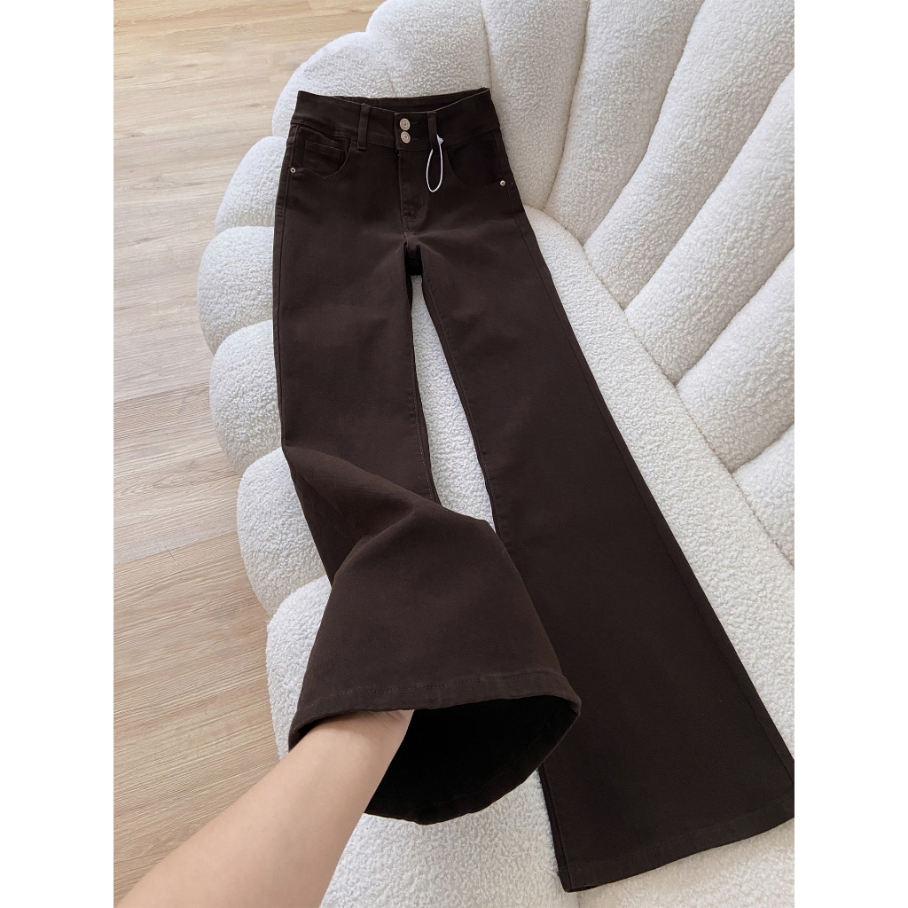 Luck wanita Coklat Cutbray Jeans Highwaist Seksi Celana Jeans Wanita Kekinian Korean dua kancing