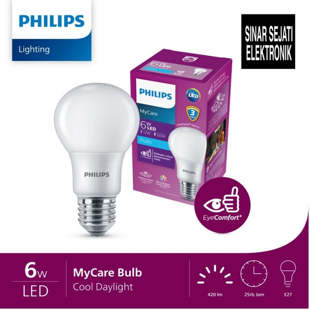 Lampu Bohlam Rumah 6Watt 6 Wat 8 10 12 14,5 19 W Watt 3 4 PHILIPS LED Bulb MyCare - Warna Putih (Coo