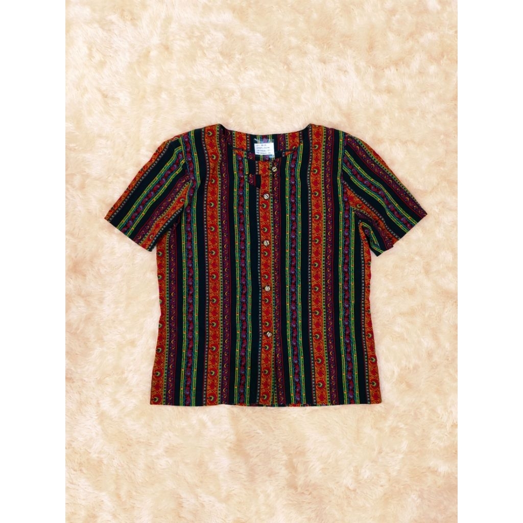 (Tailor Made) Women Vintage Ethnic Nepal Black Red Round Neck Short Sleeve Blouse/ Blus Vintage Wani