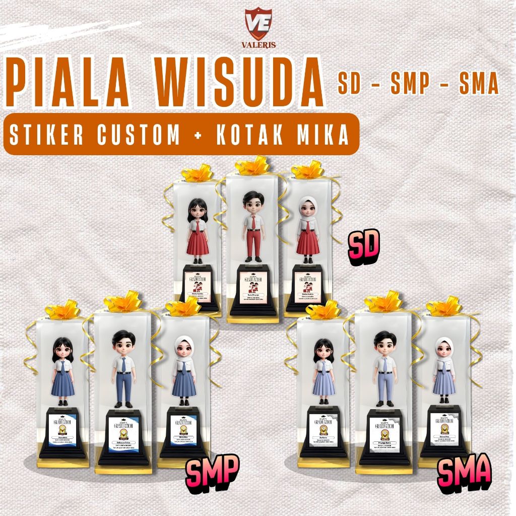 Piala Wisuda Seragam SD SMP SMA Sticker Custom + Kotak Mika | Hadiah Kelulusan Anak Sekolah