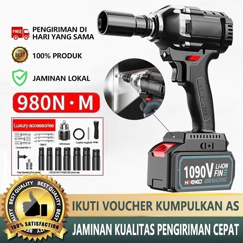 Impact Wrench Brushless Impact Wrench 1090V/588V Electric Impact Wrench Set untuk Mobil Baut Impact 