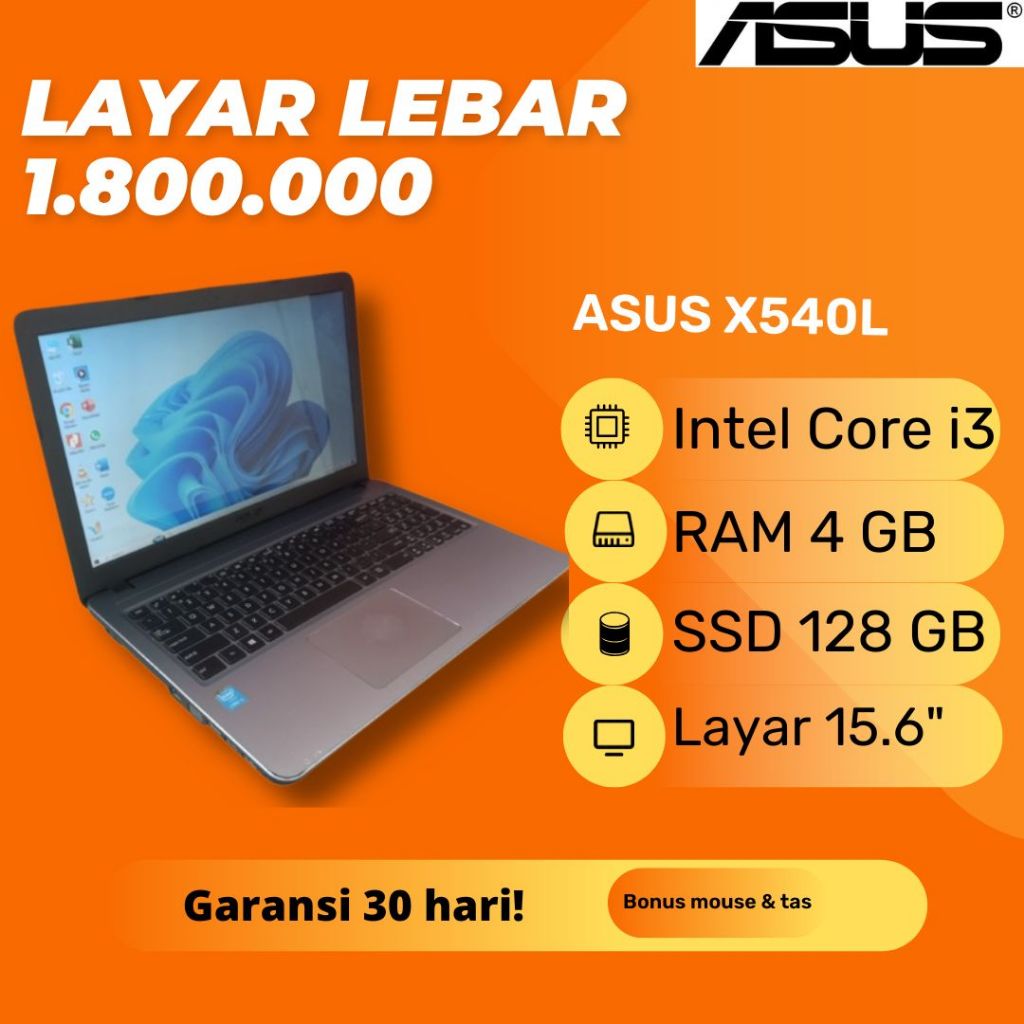 Laptop Asus X540L Layar 15.6 inch Silver Intel Core i3-4005U SSD 128GB RAM 4GB Second Bekas