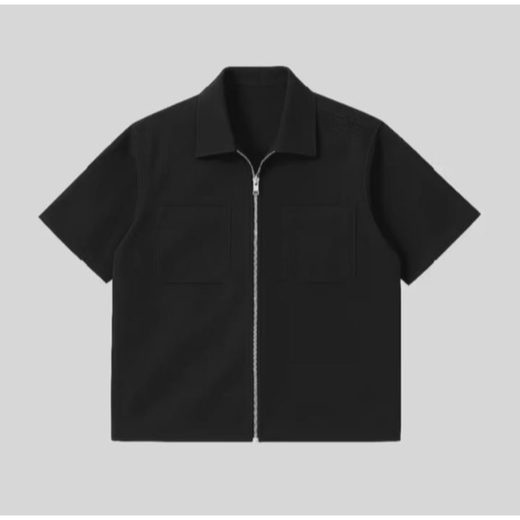 Kemeja Kerja Workshirt Hitam Lengan Pendek – Model Zipper PremiumWorkshirt Pria Hitam Casual Lengan 