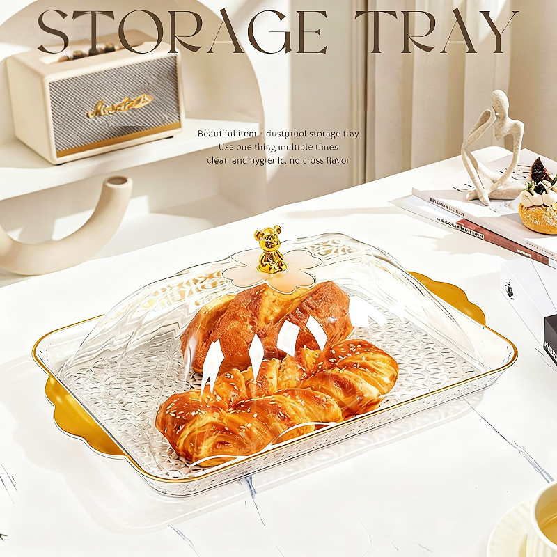 AQING |Set Nampan Saji Transparan Aesthetic dengan Tutup Handle Gold - Wadah Penyimpanan Roti Emas M