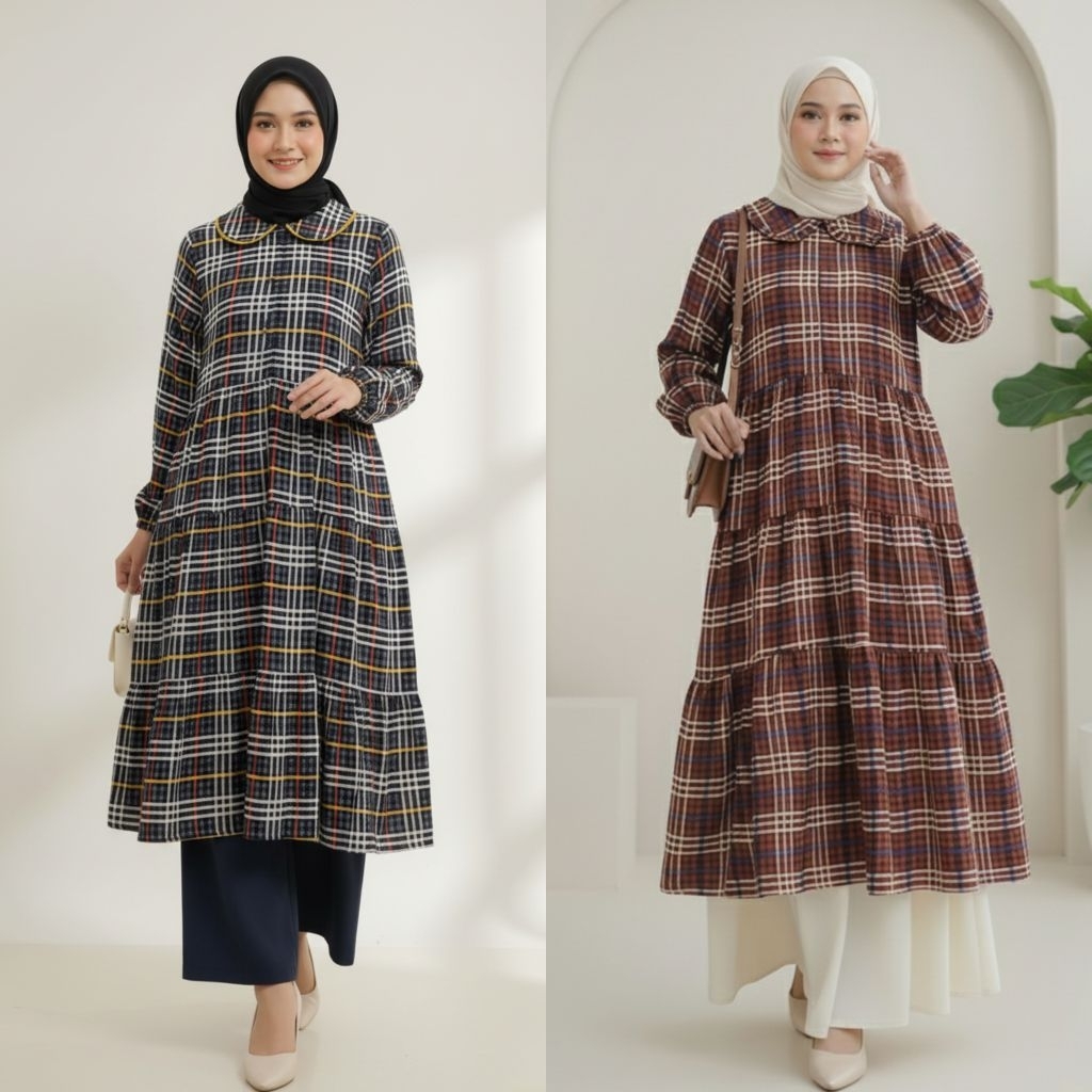 Atasan Tunik Katun Rayon Motif / Long Tunik Wanita Katun Rayon Motif Square / Tunik Maxi Wanita Moti
